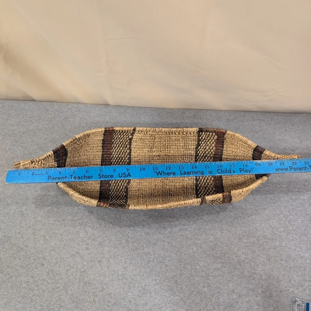 Ethiopian Handwoven Basket Boat Shaped Natural Fiber Striped Brown Tan